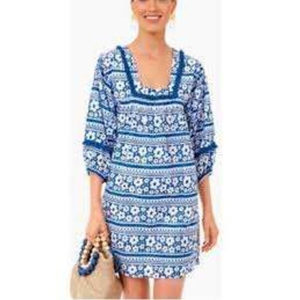 Tuckernuck Blue Floral Block Print Cotton Mini Dress Square Neck Size Large